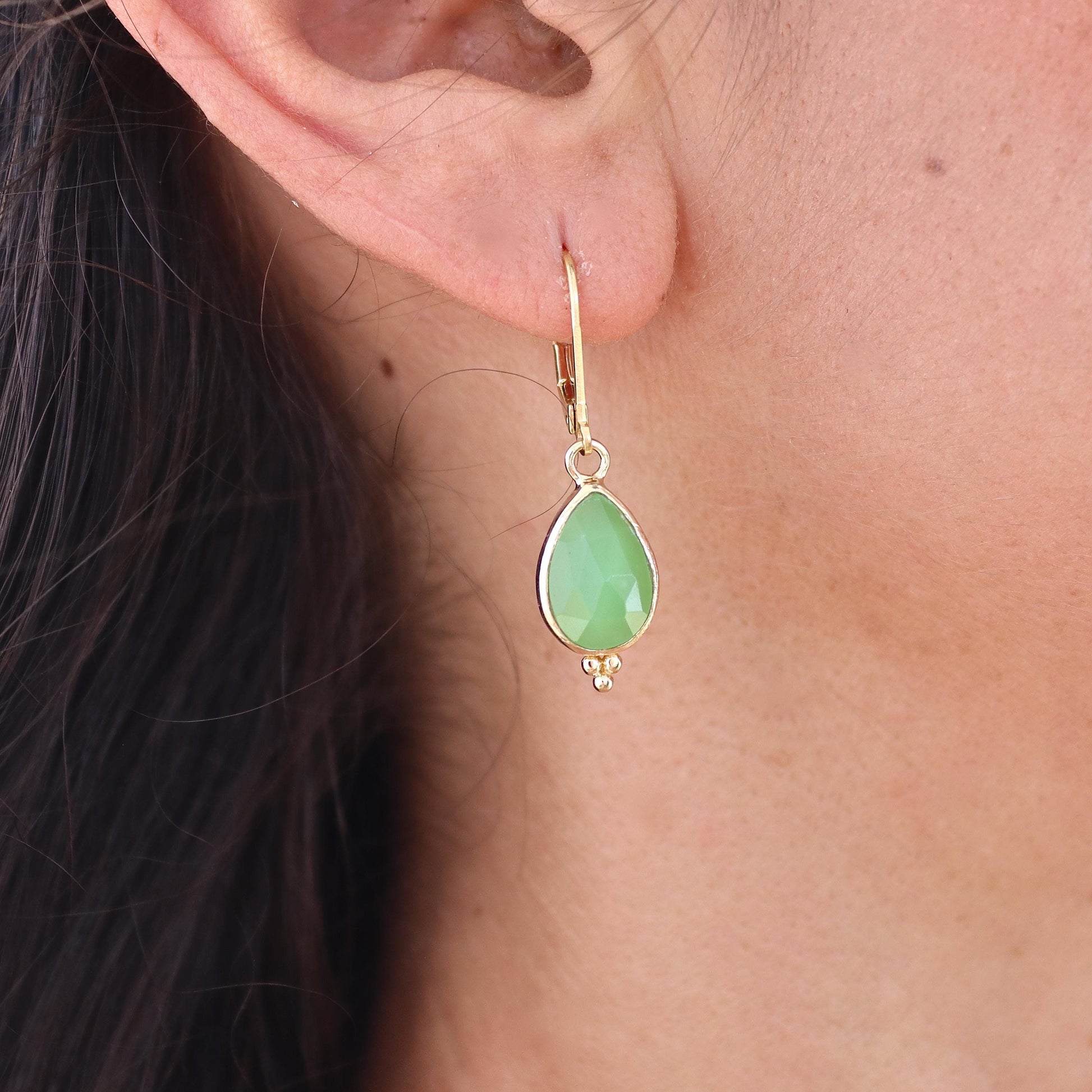Jade solid 14k gold dangle earrings, Teardrop green stone earrings
