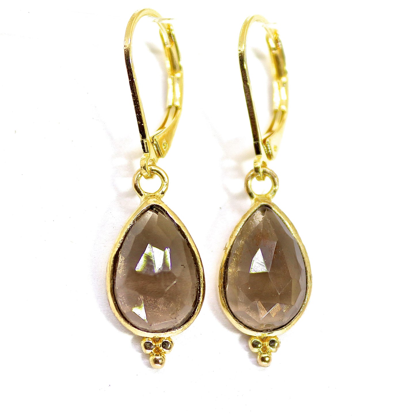 Smoky quartz gold earrings, 14k gold Teardrop brown stone dangle earrings