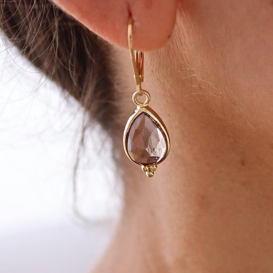 Smoky quartz gold earrings, 14k gold Teardrop brown stone dangle earrings