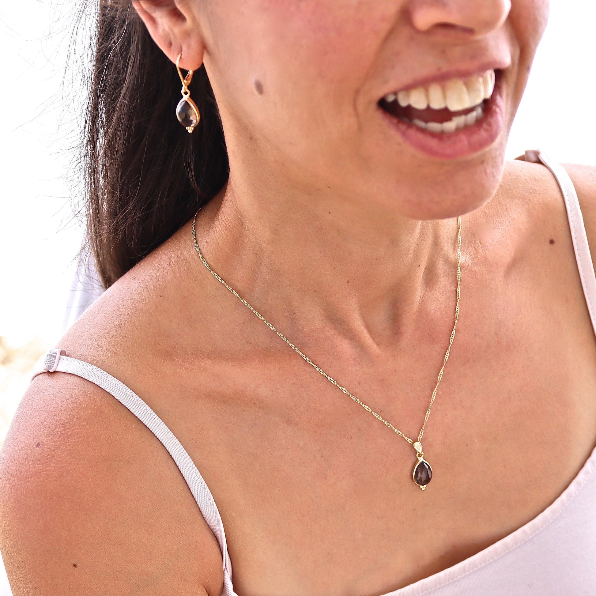 Smoky quartz gold earrings, 14k gold Teardrop brown stone dangle earrings
