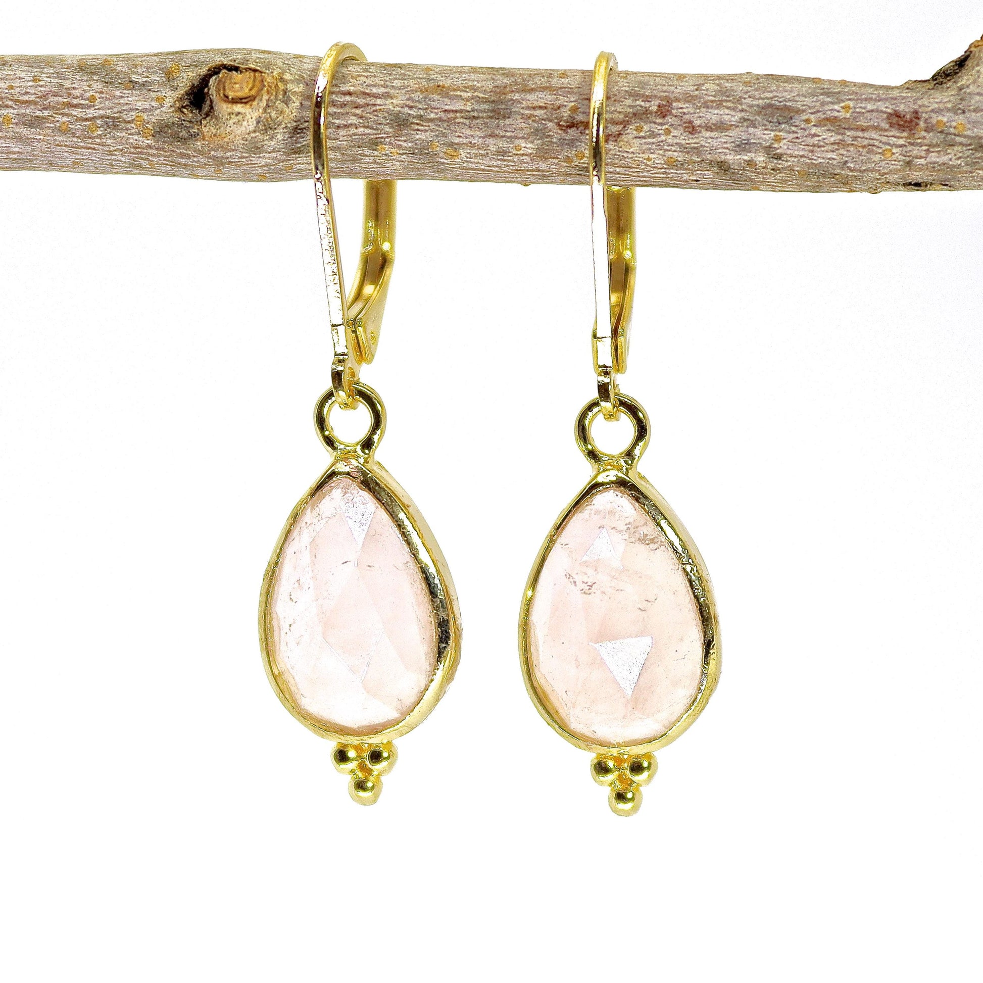 Rose quartz in 14k gold teardrop dangle earrings
