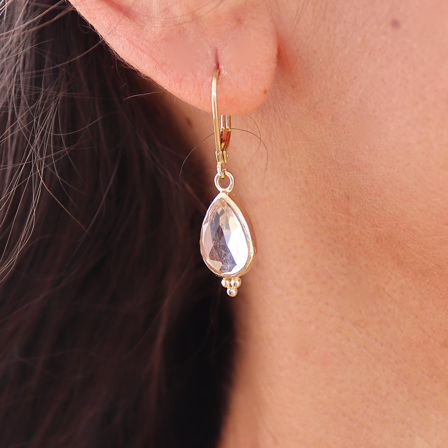 Crystal clear 14k gold earrings, Teardrop quartz stone gold dangle earrings
