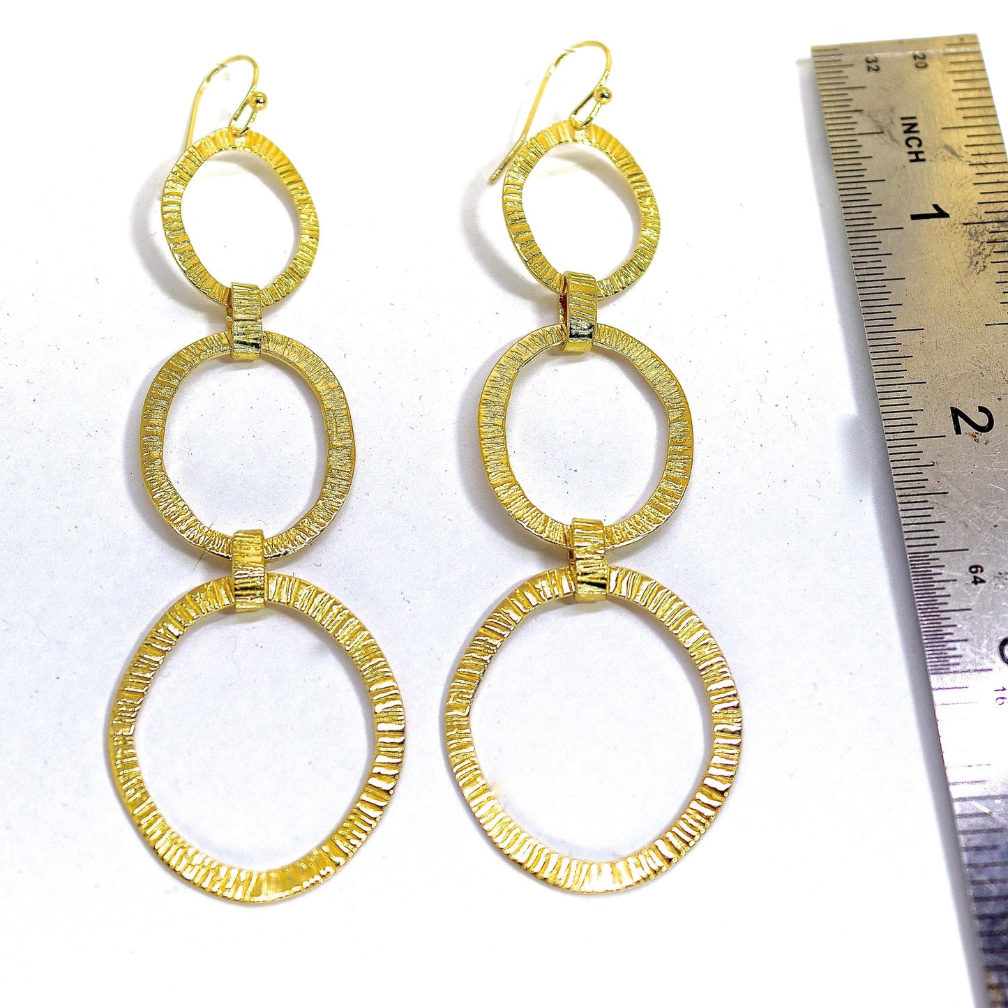 14k gold Long triple hoop dangle earrings, Large link hammered hoop earrings