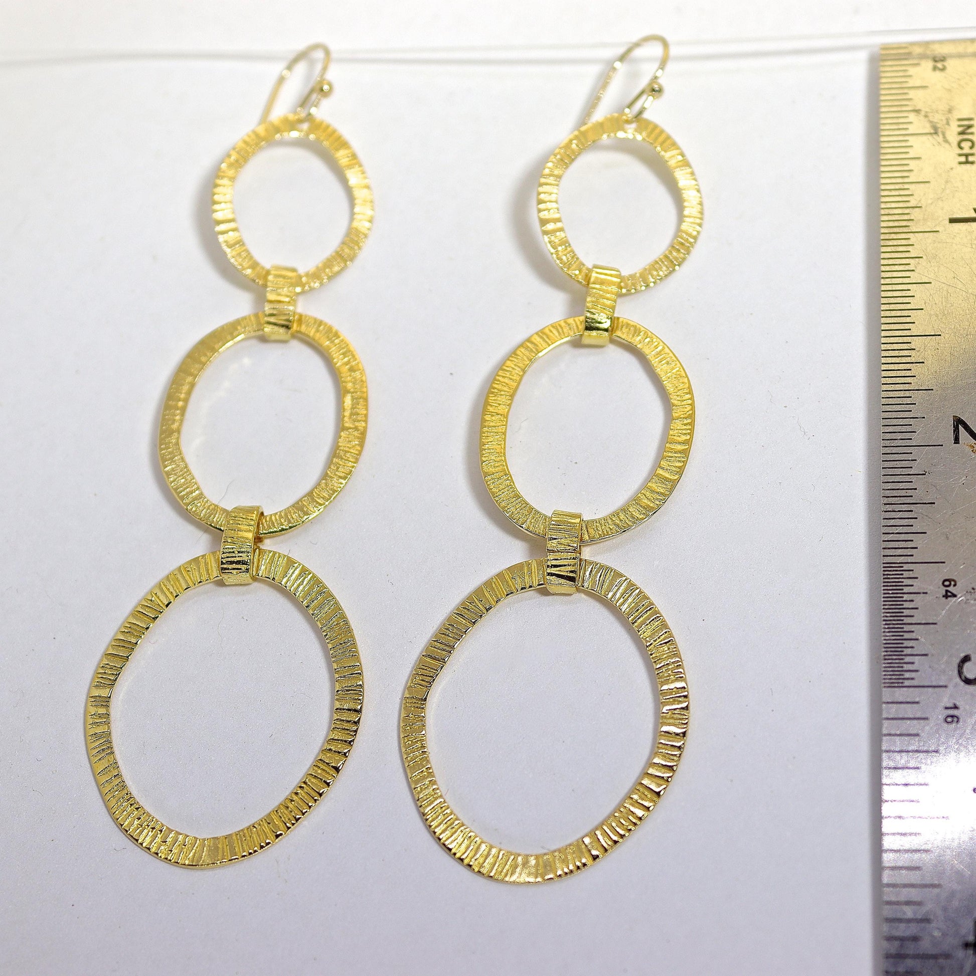 14k gold Long triple hoop dangle earrings, Large link hammered hoop earrings