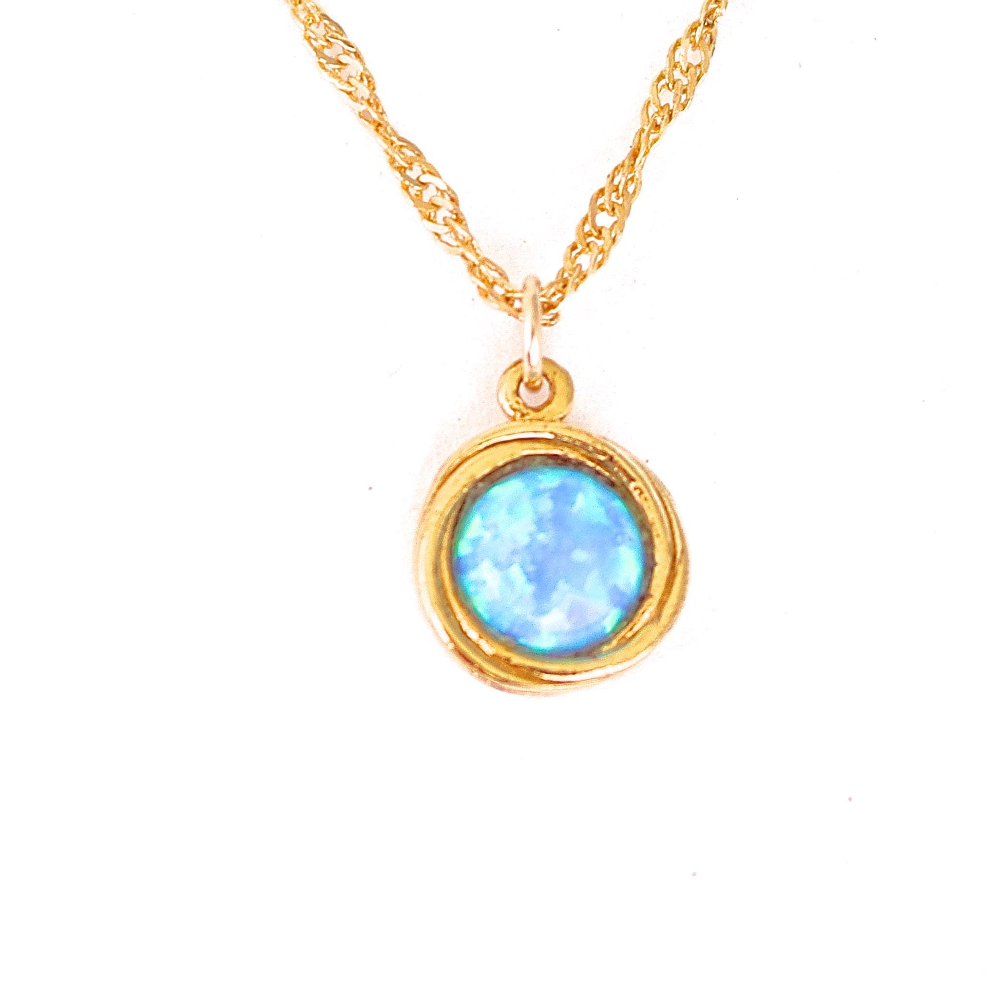 Opal gold necklace pendant, Blue Stone solid gold 14k Necklace