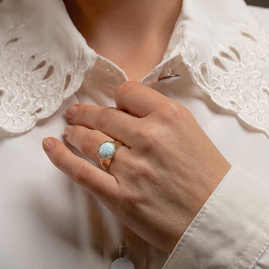 Opal 14k gold hammered ring band, White opal ring