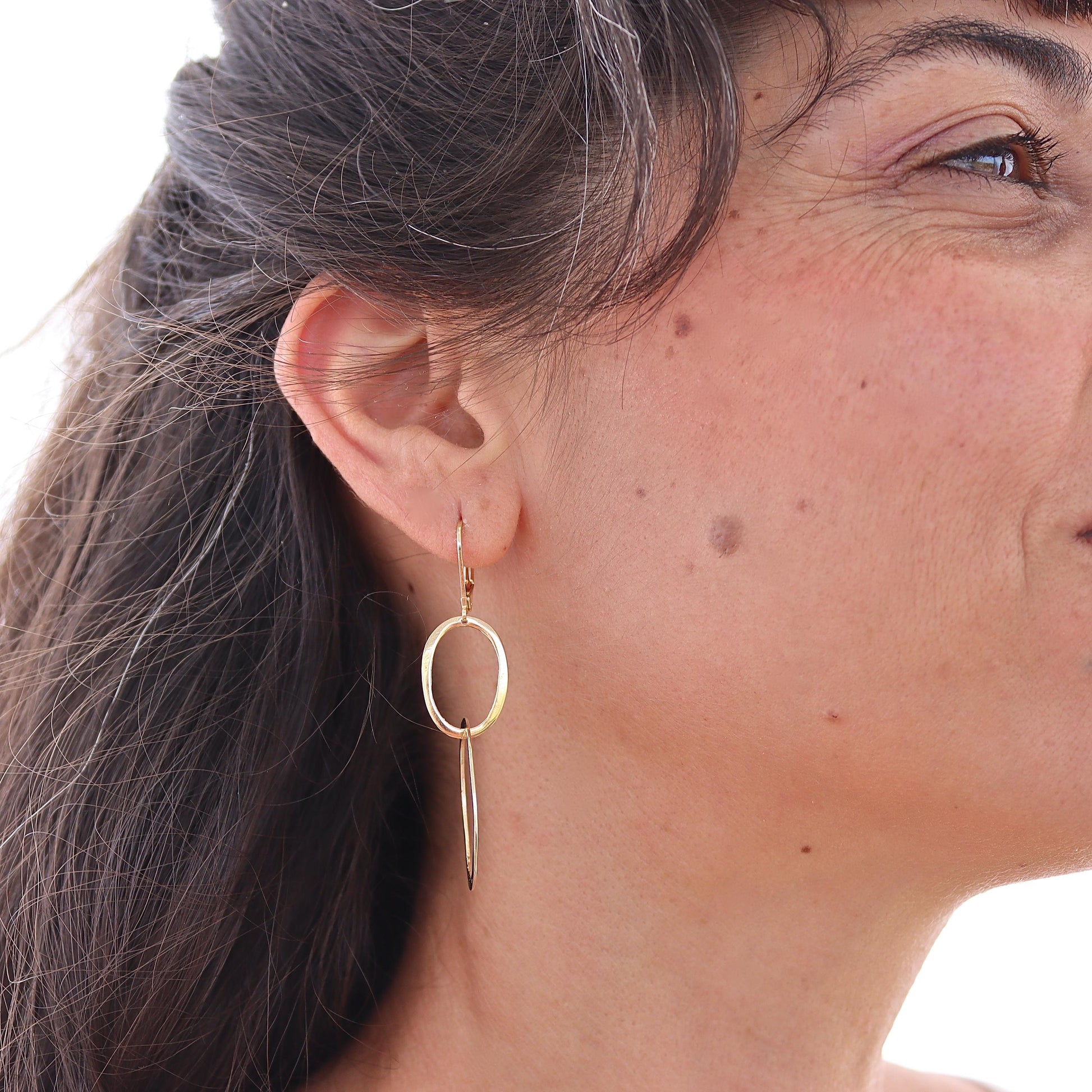 Solid gold 14K double hoop dangle earrings, Stud linked earring