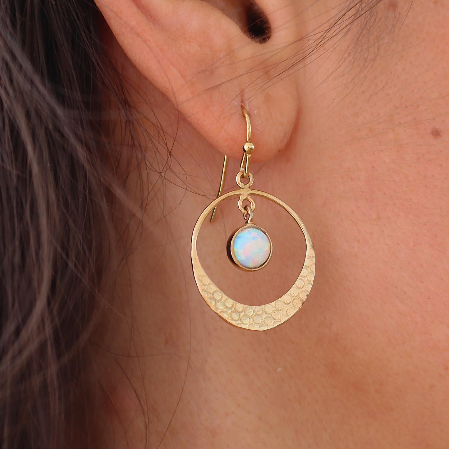 Opal 14k gold dangle hoop earrings, White Opal circle Earrings