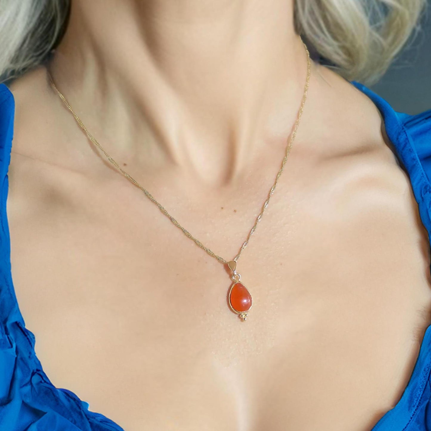 14k gold Carnelian necklace, Teardrop gold orange stone necklace pendant