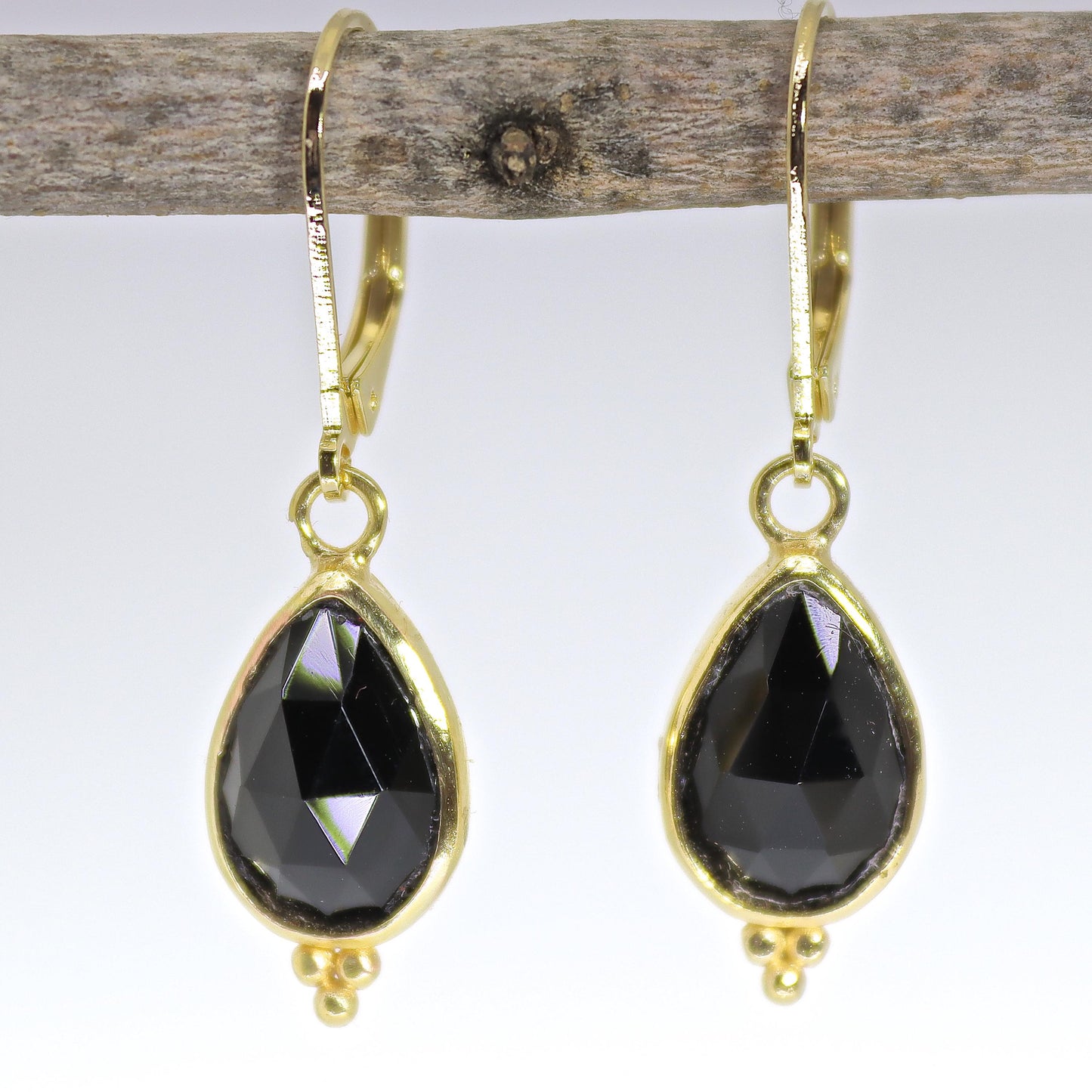14k gold Onyx earrings, Teardrop black stone dangle earrings