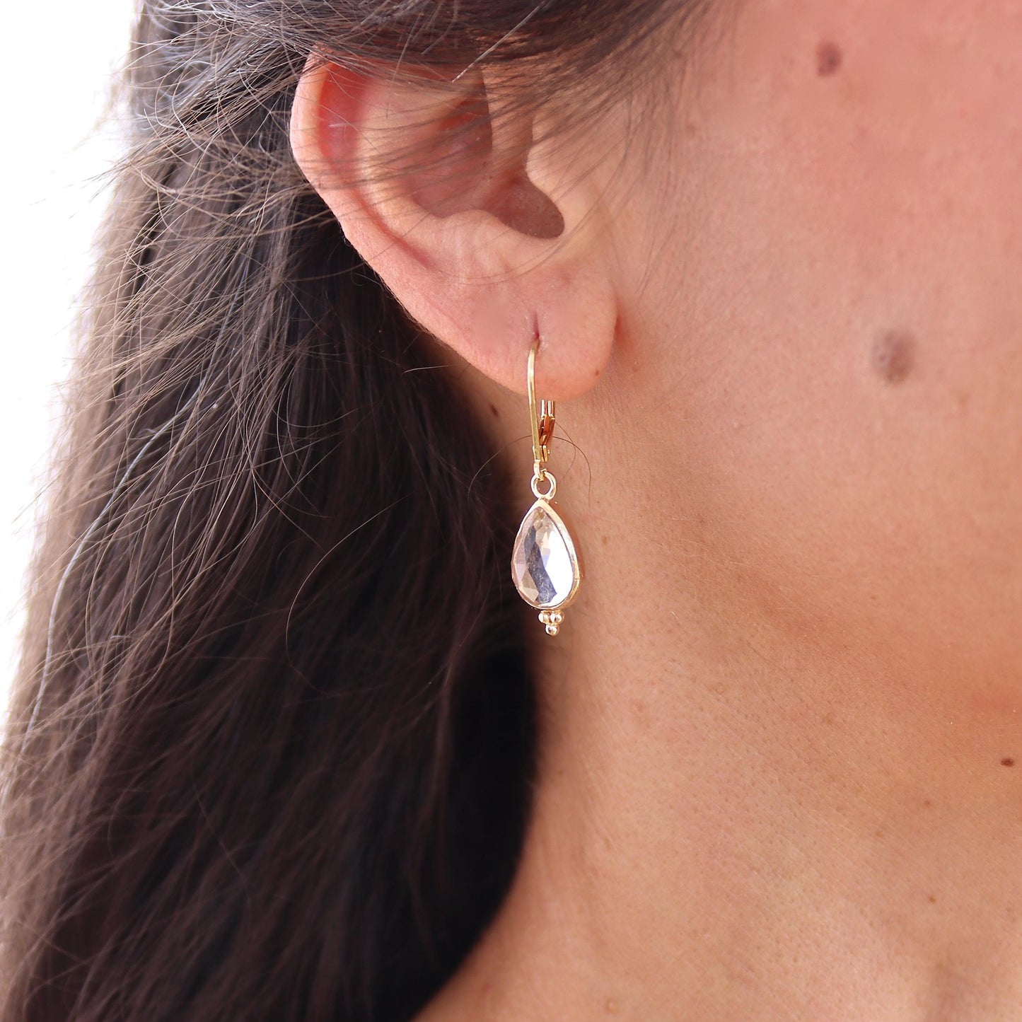 Crystal clear 14k gold earrings, Teardrop quartz stone gold dangle earrings