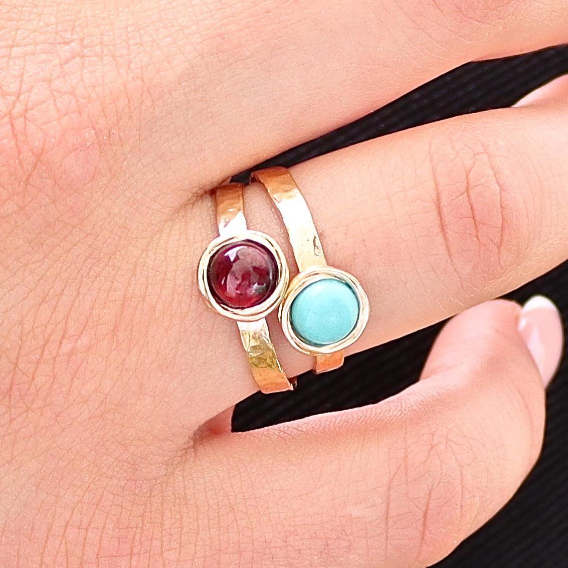 Blue opal 14k gold ring band, Hammered gold ring with stone