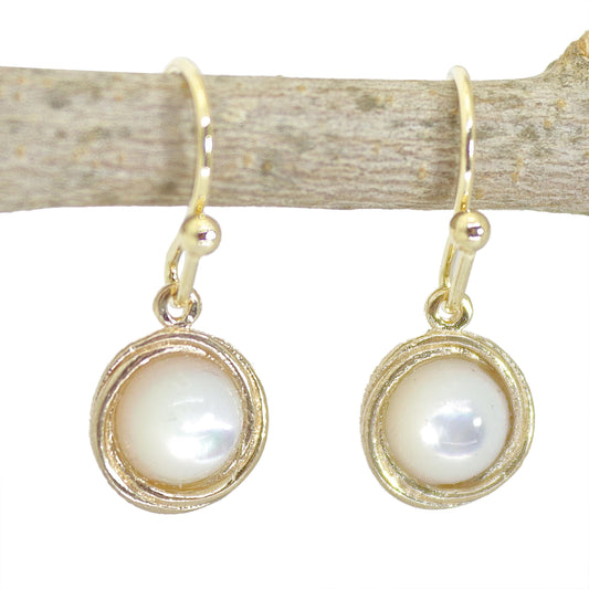 White pearl 14k gold earrings, Mother of pearl solid 14k gold dangle earrings