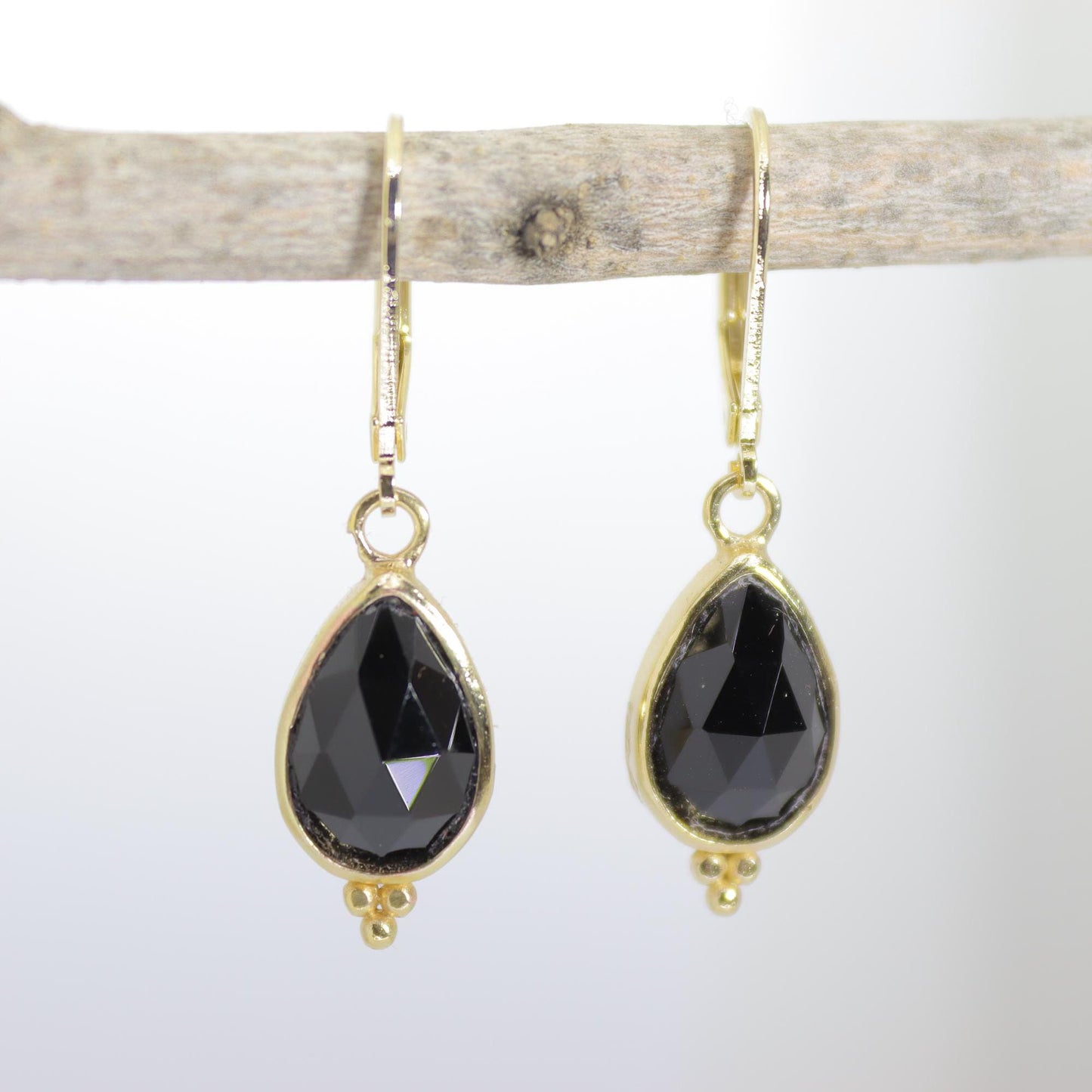 14k gold Onyx earrings, Teardrop black stone dangle earrings