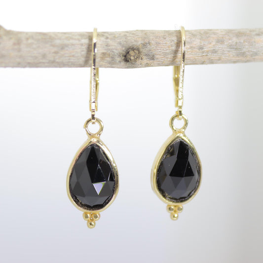14k gold Onyx earrings, Teardrop black stone dangle earrings