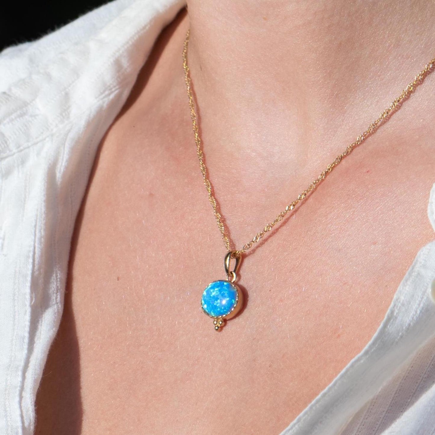 Opal Solid 14k gold necklace pendant, Blue Opal oval pendant