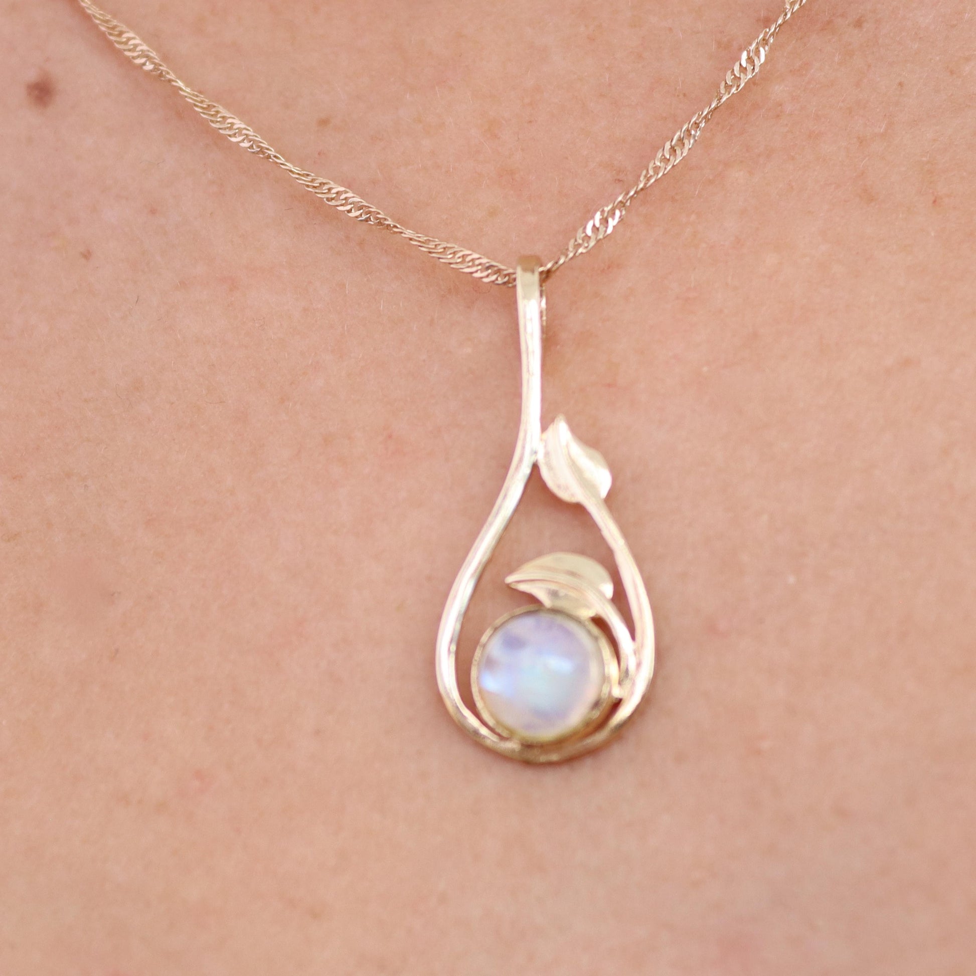 Solid 14k Gold Opal Necklace for women, Unique real gold Blue opal Pendant necklace with Leaves