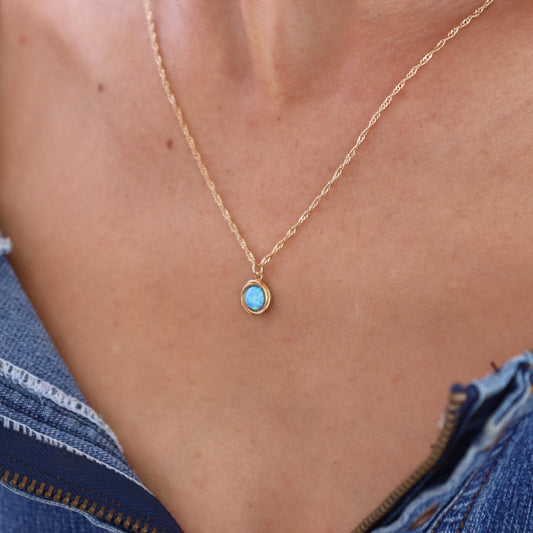 Opal gold necklace pendant, Blue Stone solid gold 14k Necklace