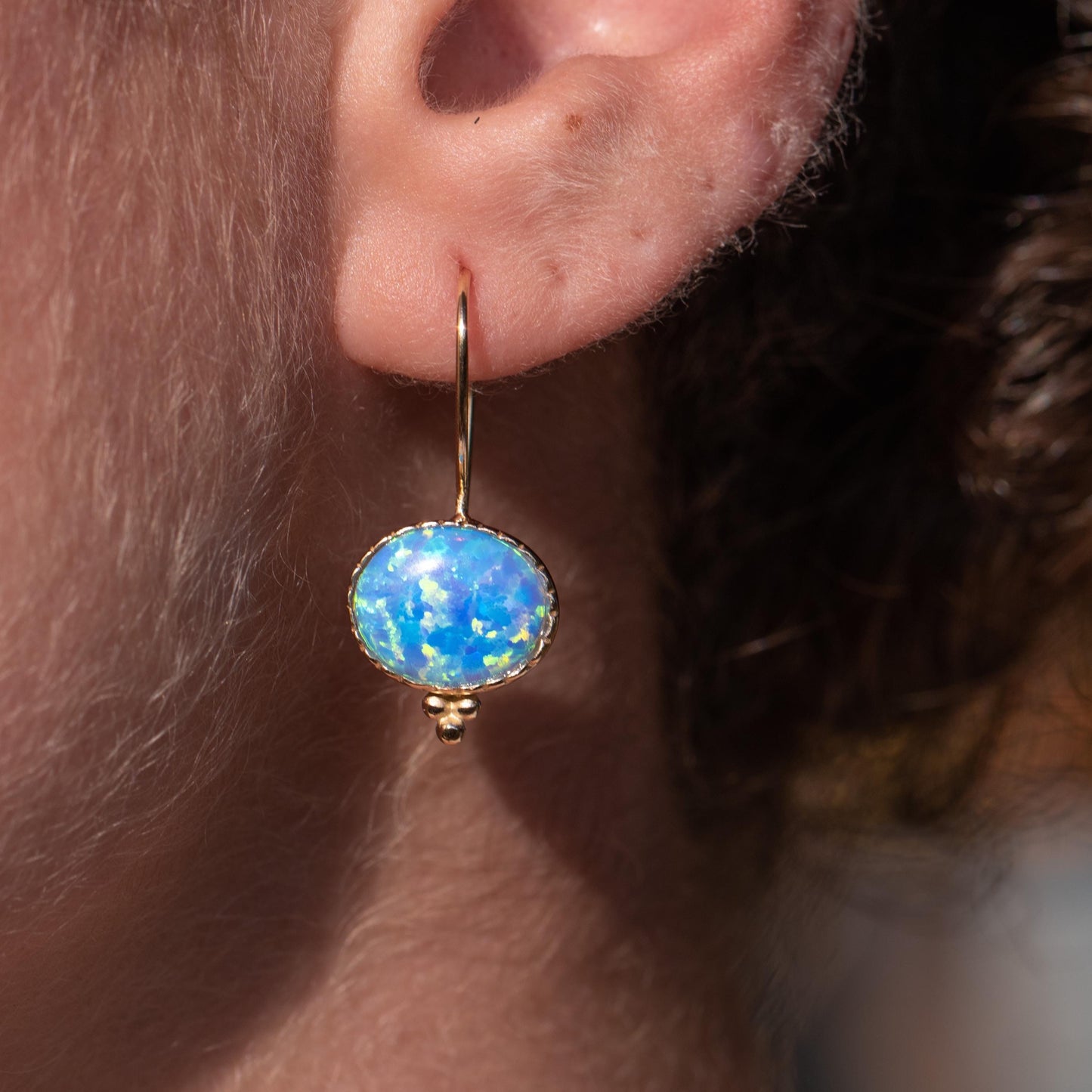 Opal Solid 14k gold necklace pendant, Blue Opal oval pendant