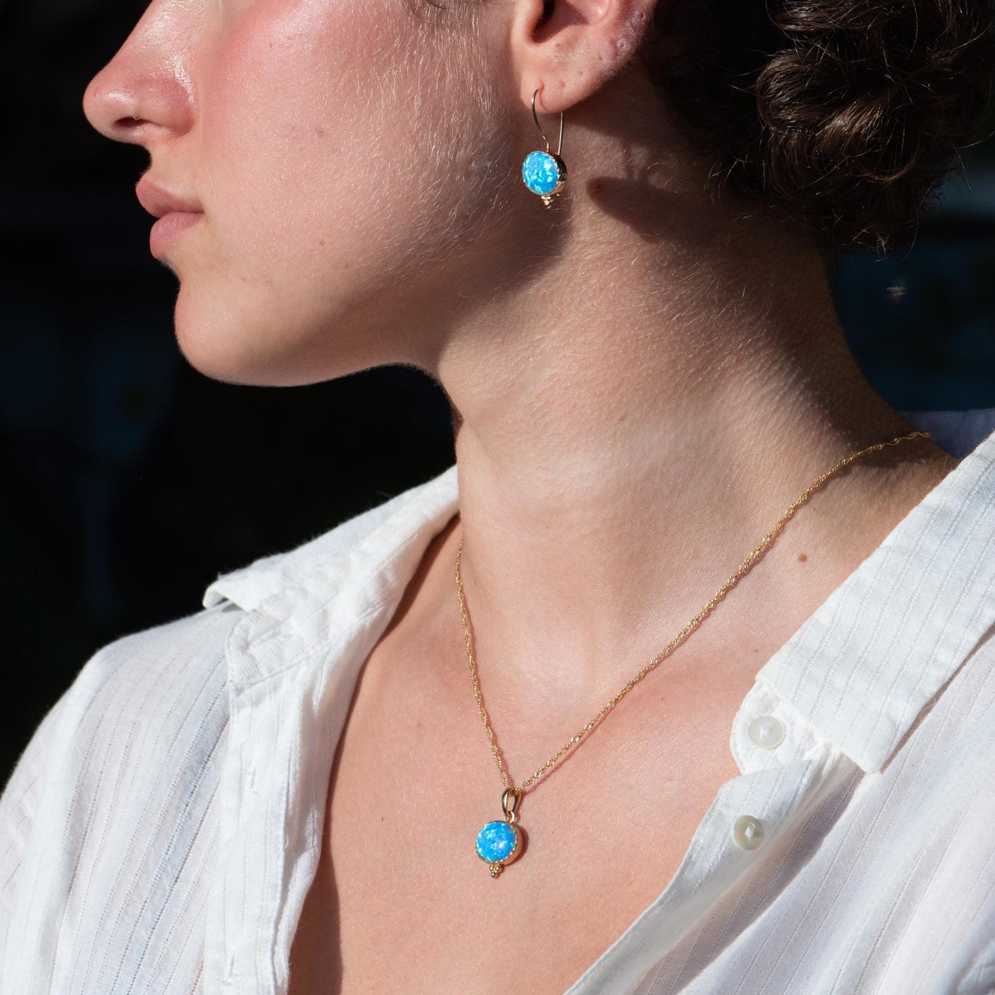 Opal Solid 14k gold necklace pendant, Blue Opal oval pendant