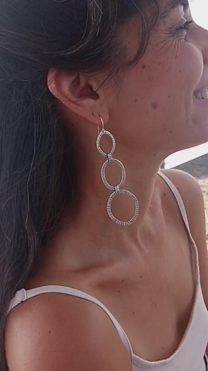 14k gold Long triple hoop dangle earrings, Large link hammered hoop earrings