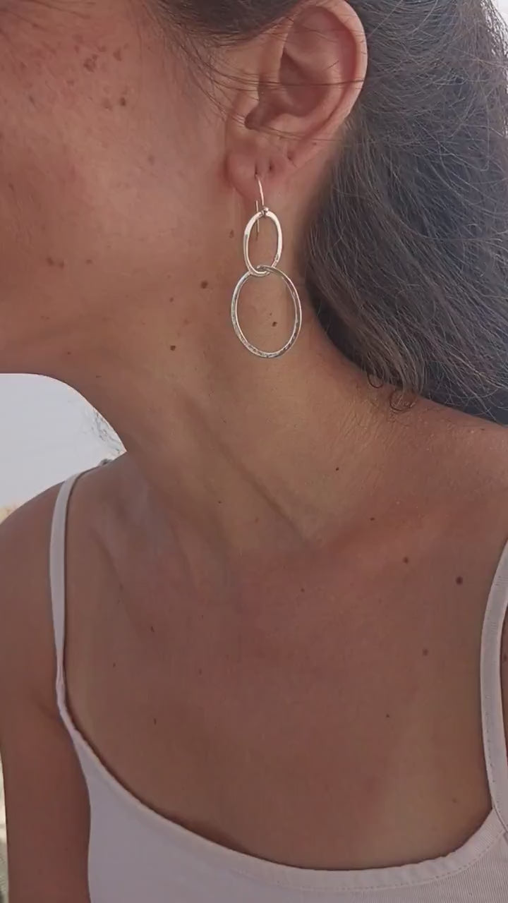 Solid gold 14K double hoop dangle earrings, Stud linked earring