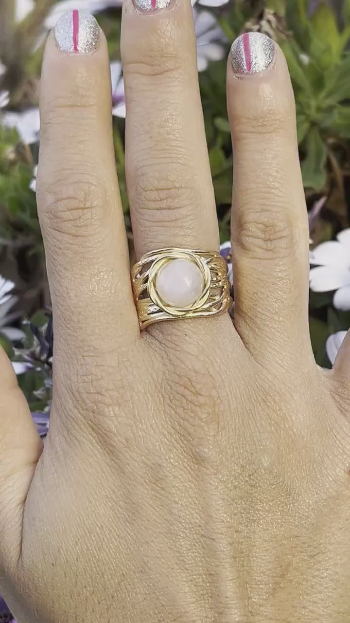 Opal gold ring, Solid 14k gold White opal wide ring