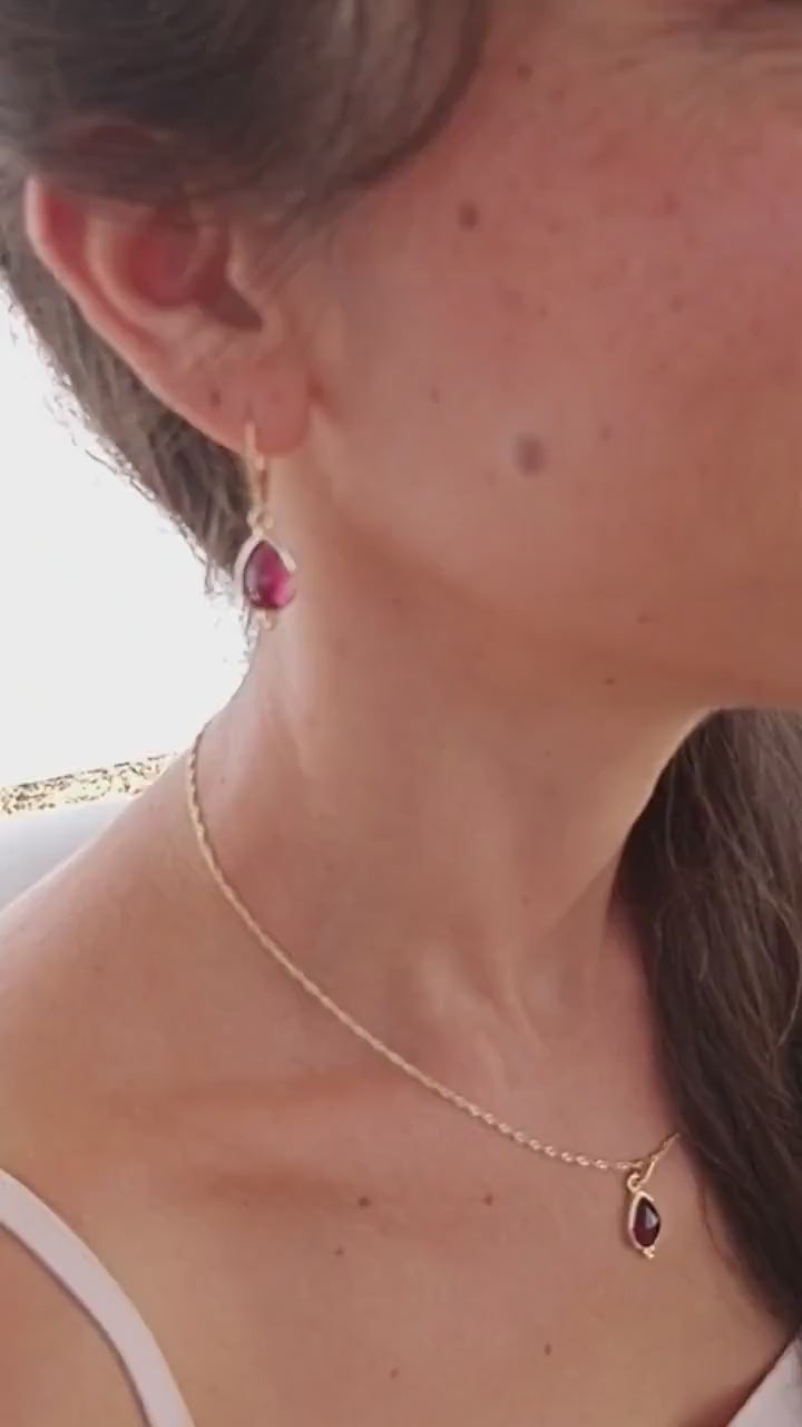 Garnet 14k gold Teardrop dangle Earrings, Red Stone Earrings