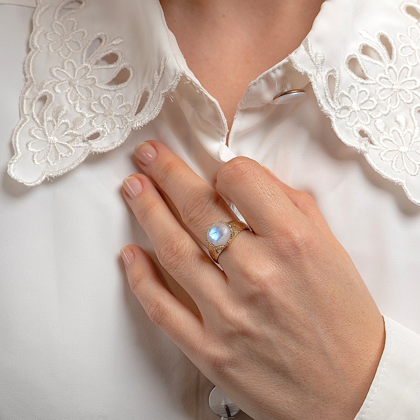 Moonstone 14k gold hammered ring band