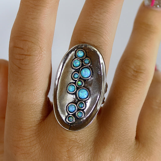 Long statement silver ring, Multi blue opal stone