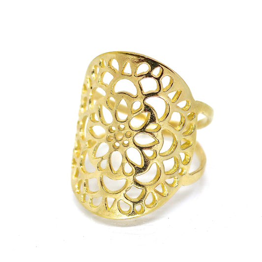 Long 14K gold ring, Filigree solid gold  ring