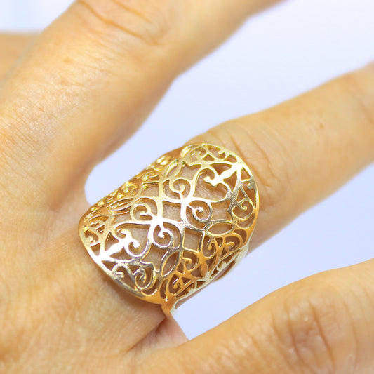 Gold long ring, Filigree 14k gold ring