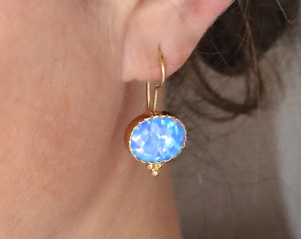 Opal earrings, Blue Opal 14k gold dangle earrings for women