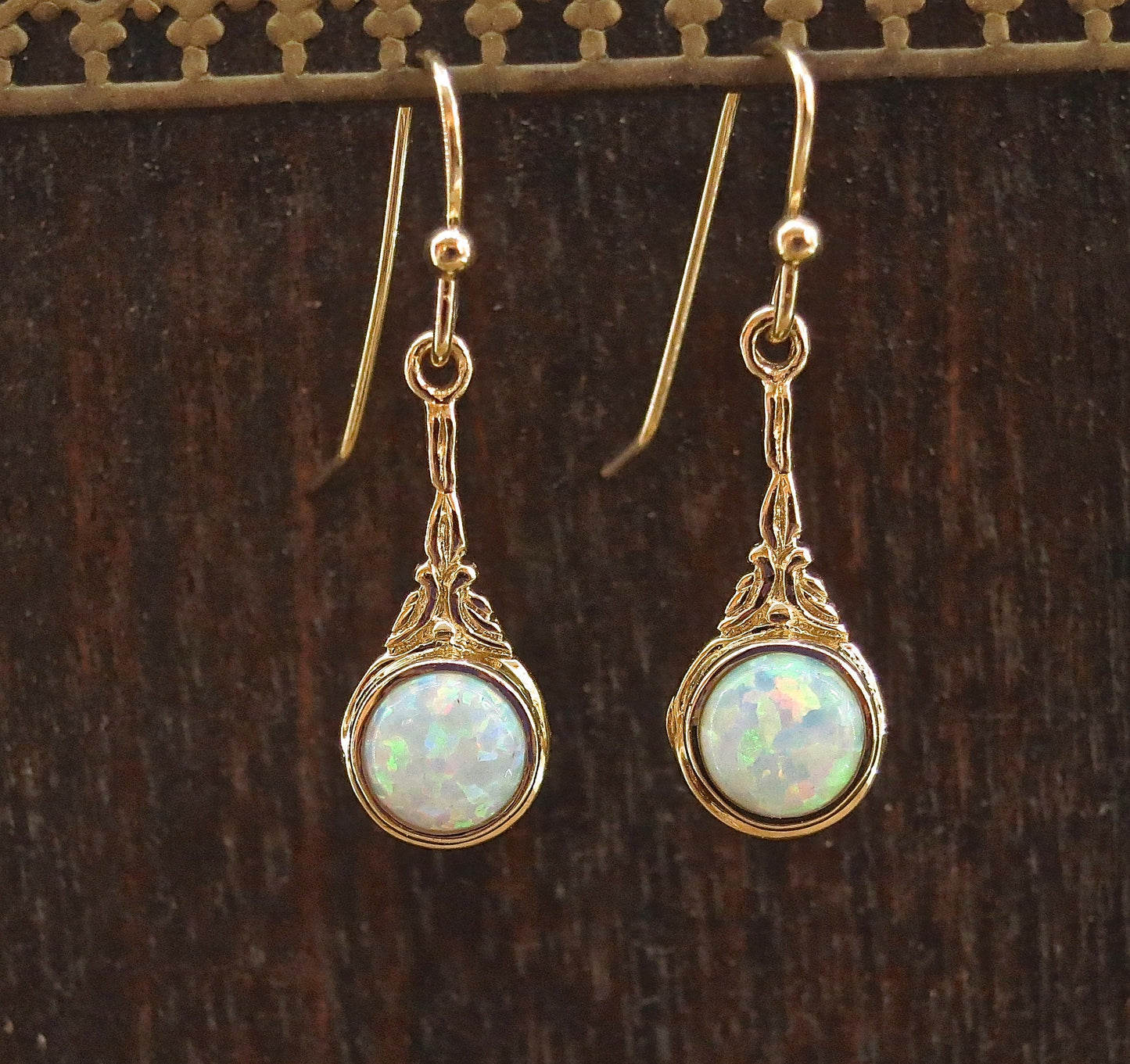 Victorian 14k gold dangle Earrings, White opal gold earrings