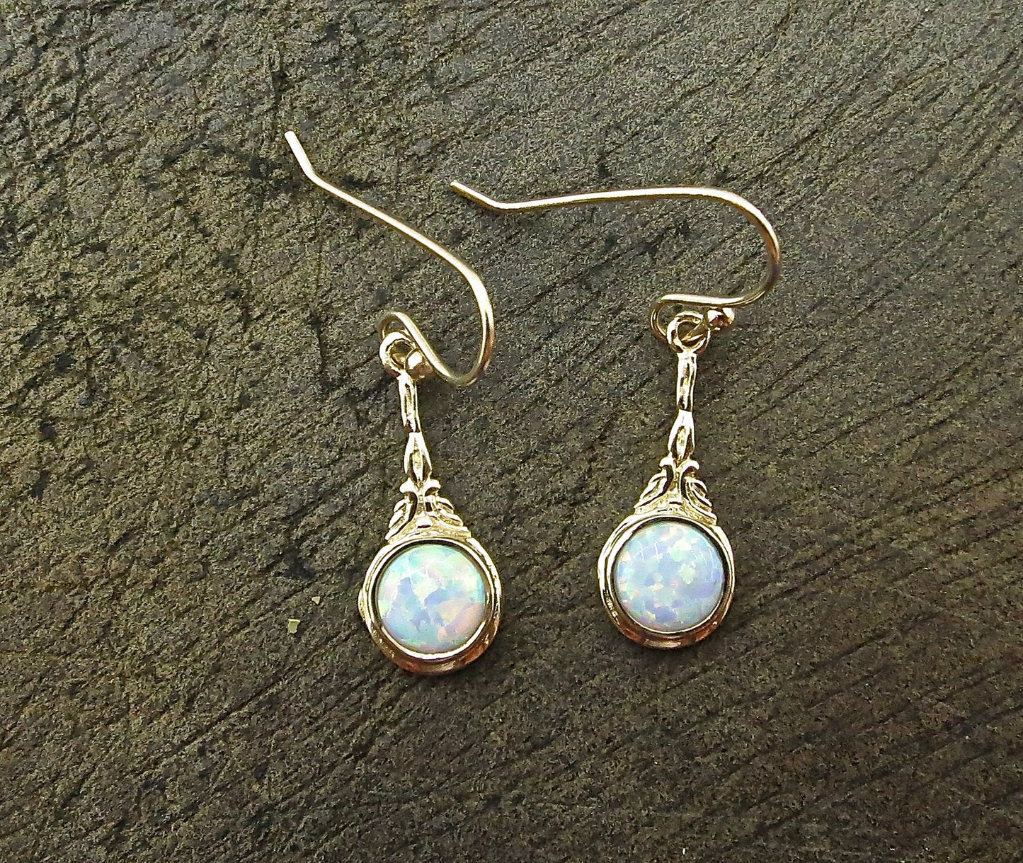 Solid 14k gold Opal earrings, White opal victorian earrings
