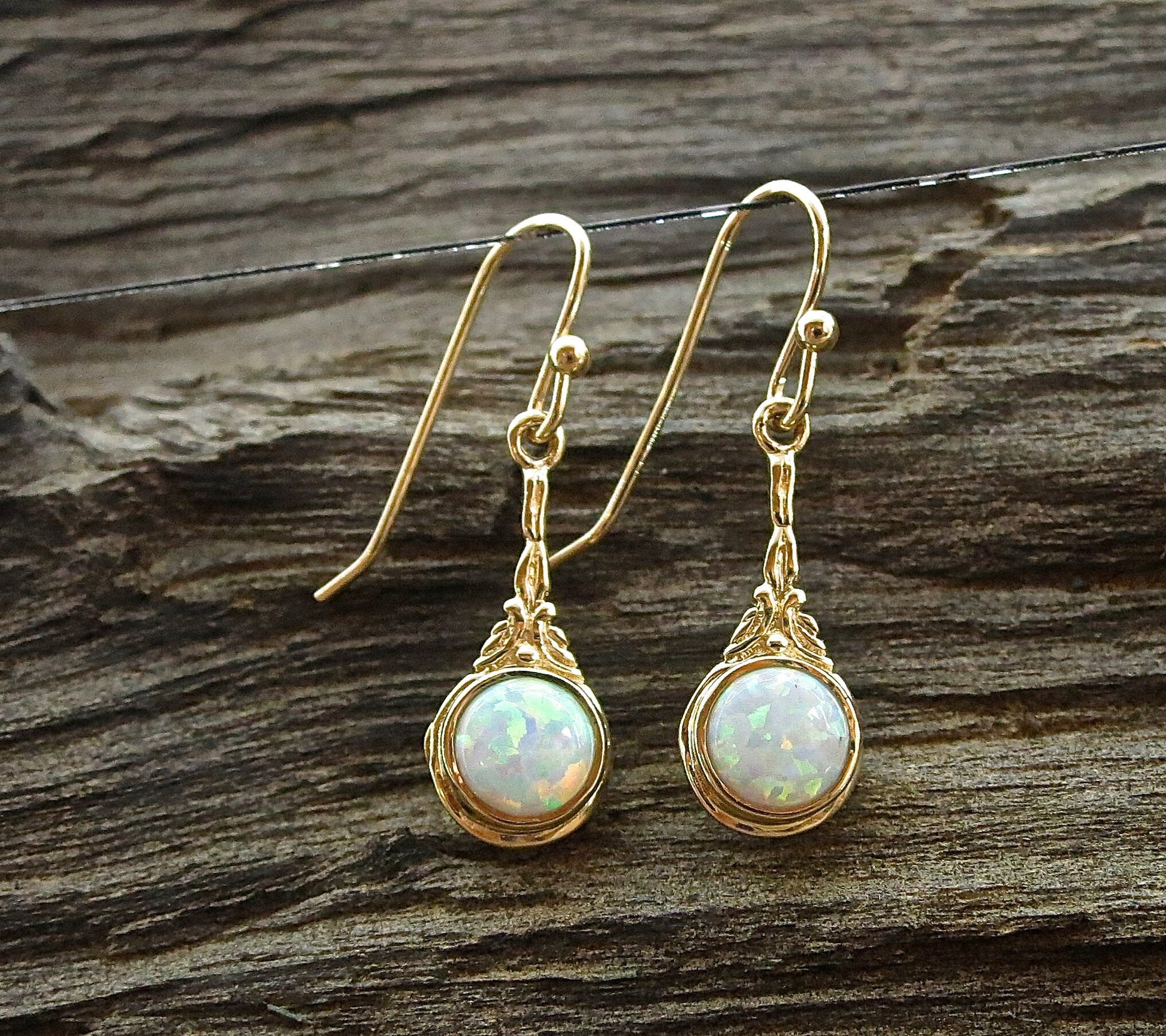 Victorian 14k gold dangle Earrings, White opal gold earrings