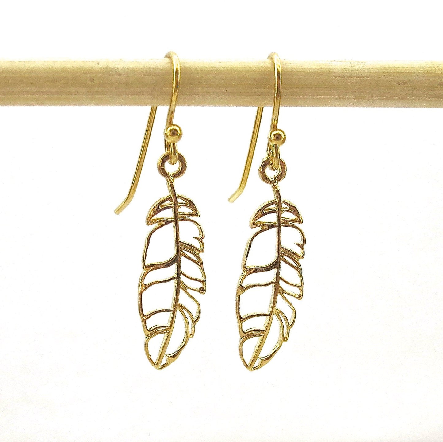 Gold feather earrings, 14k solid Gold feather dangle Earrings