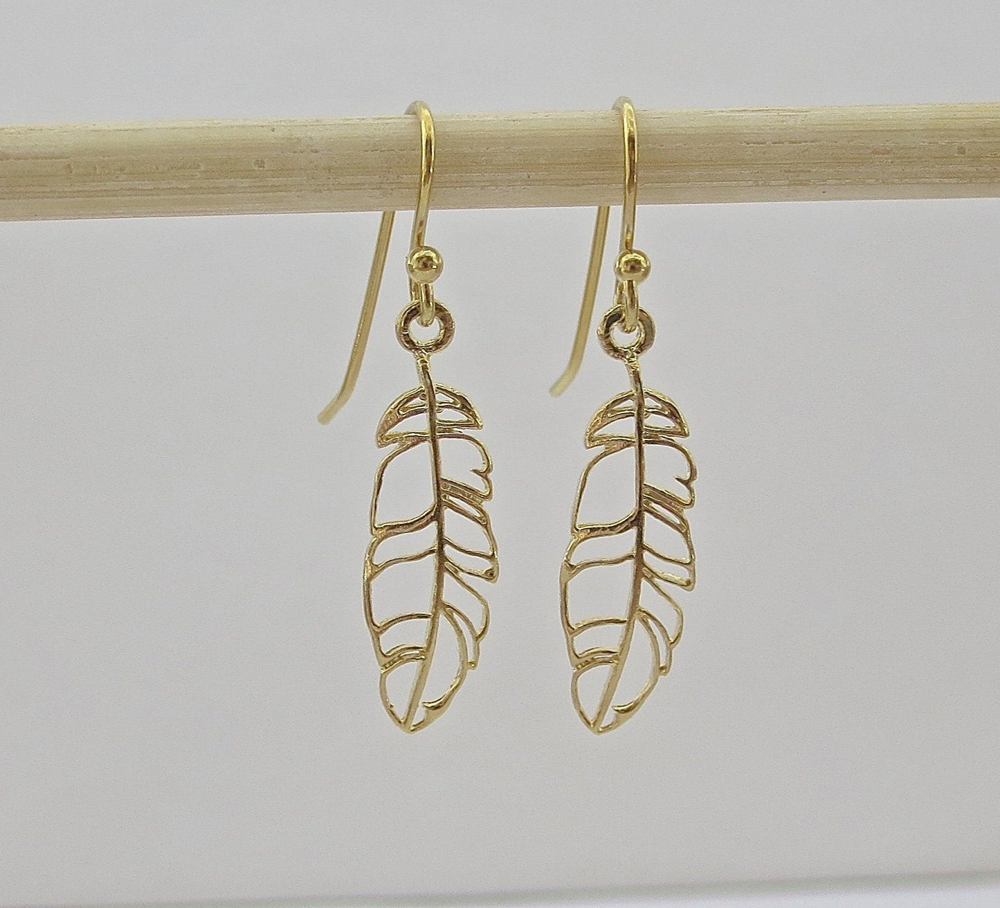 Gold feather earrings, 14k solid Gold feather dangle Earrings