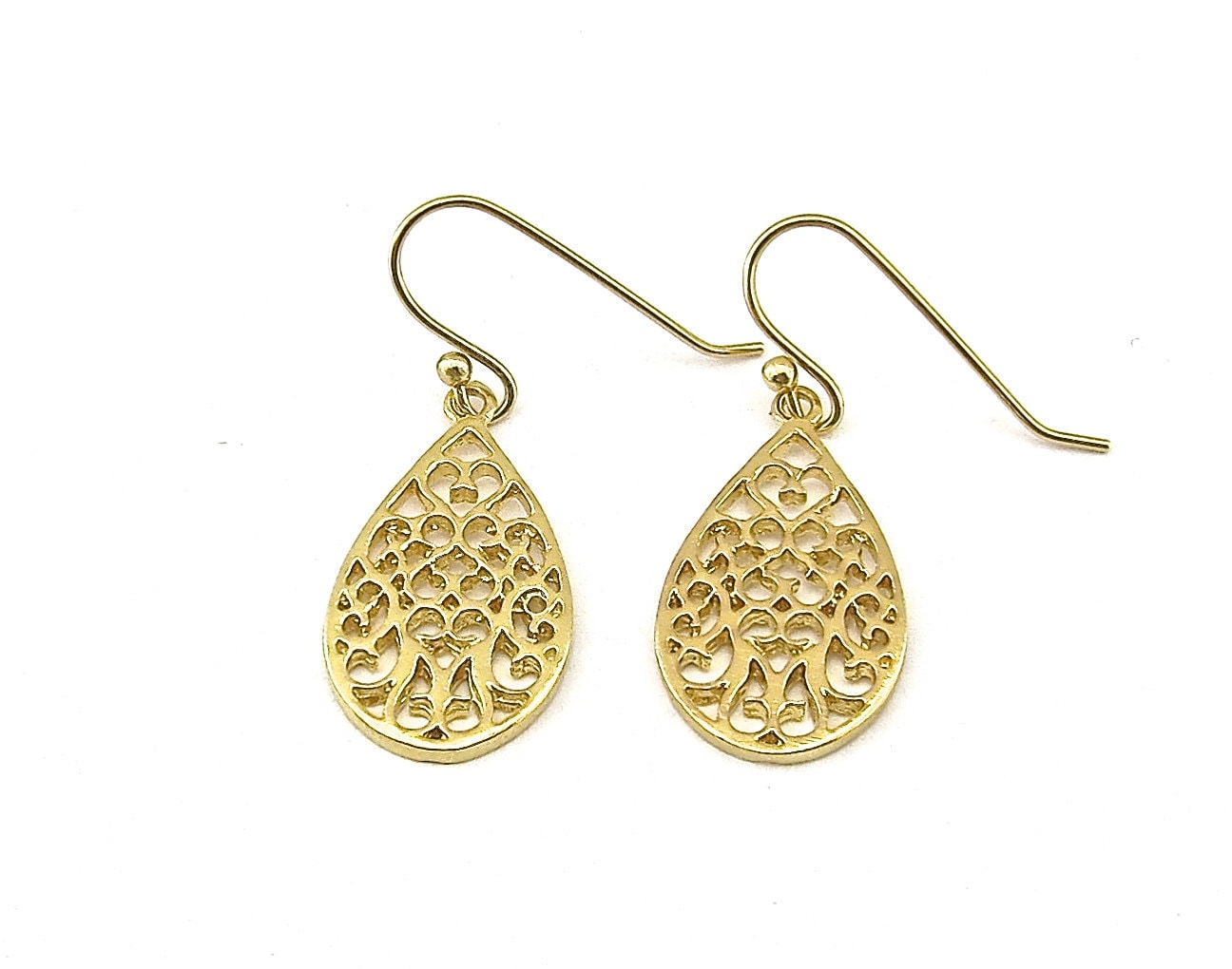 Solid 14k gold dangle earrings, Drop filigree gold earrings