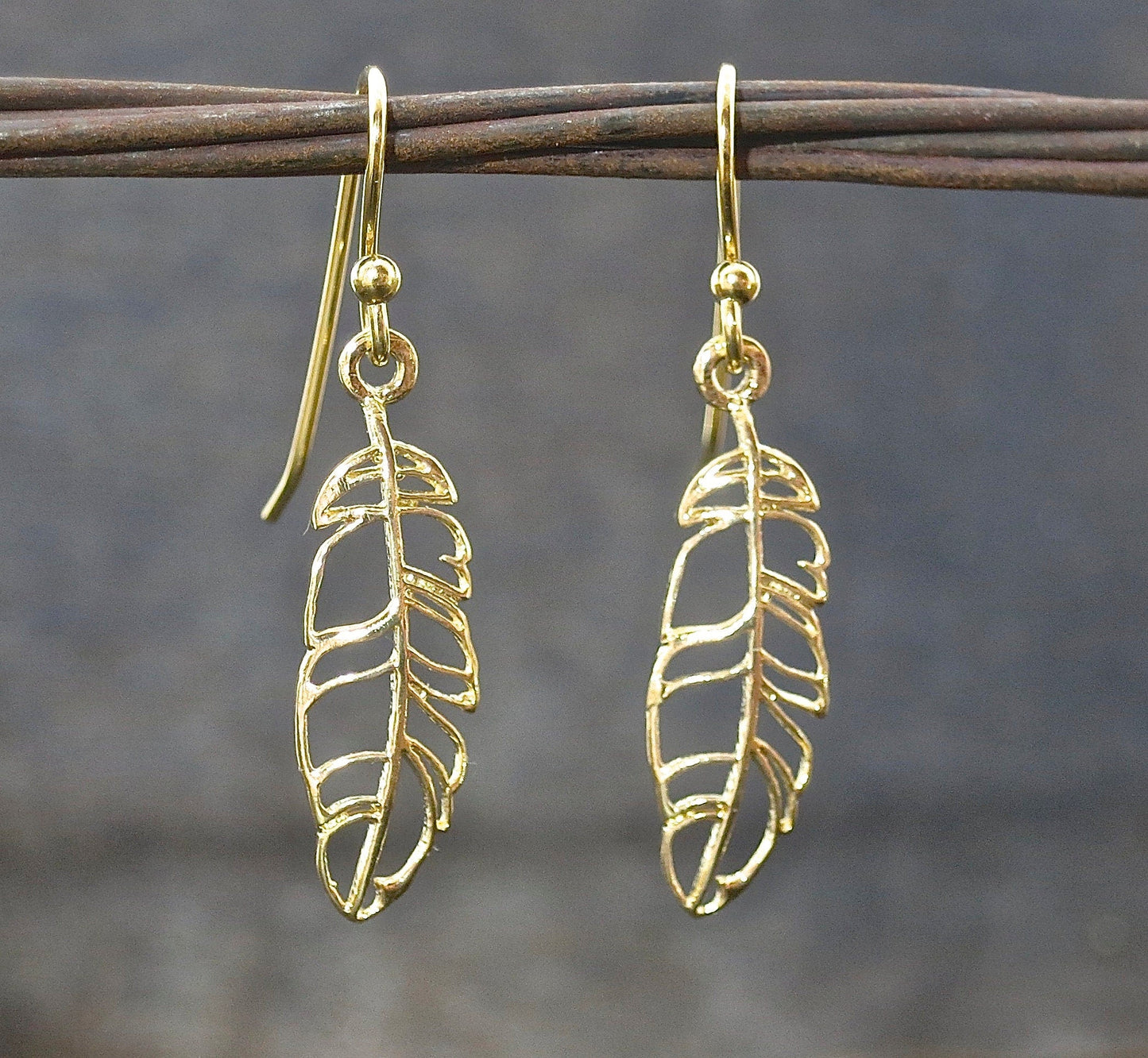 Gold feather earrings, 14k solid Gold feather dangle Earrings