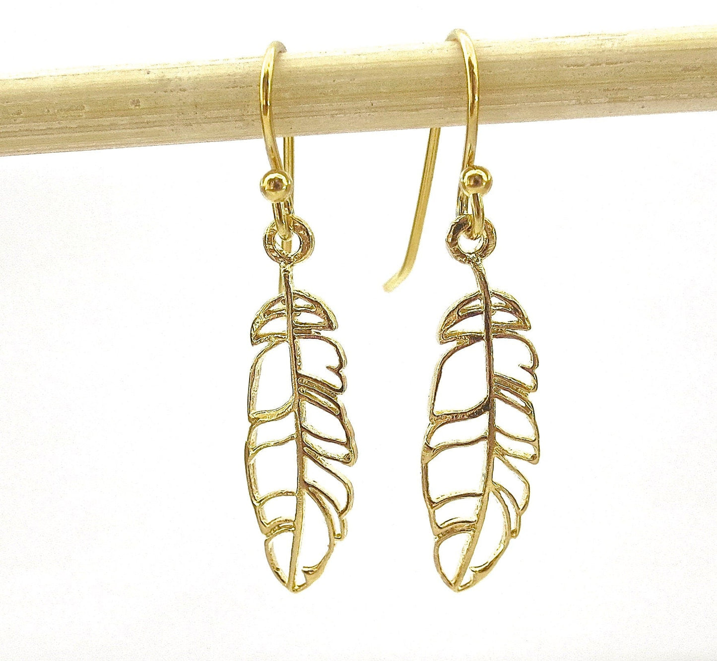 Gold feather earrings, 14k solid Gold feather dangle Earrings