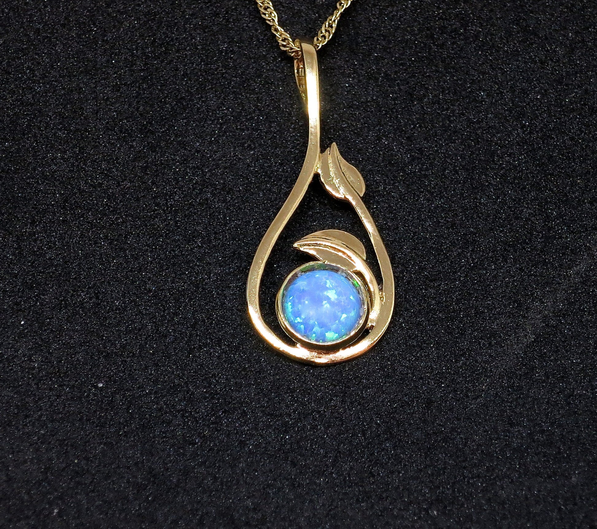 Solid 14k Gold Opal Necklace for women, Unique real gold Blue opal Pendant necklace with Leaves