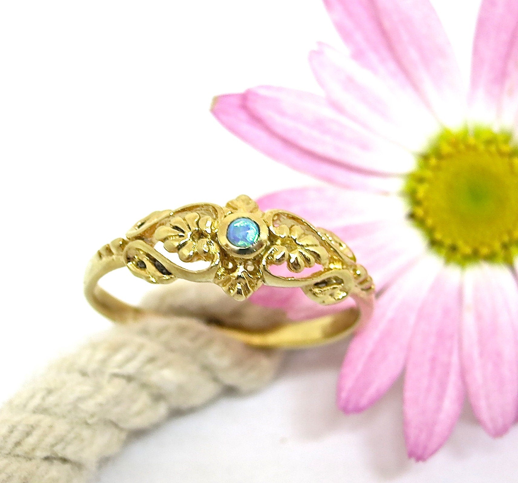Opal victorian 14k gold ring, Blue opal solid 14k gold ring
