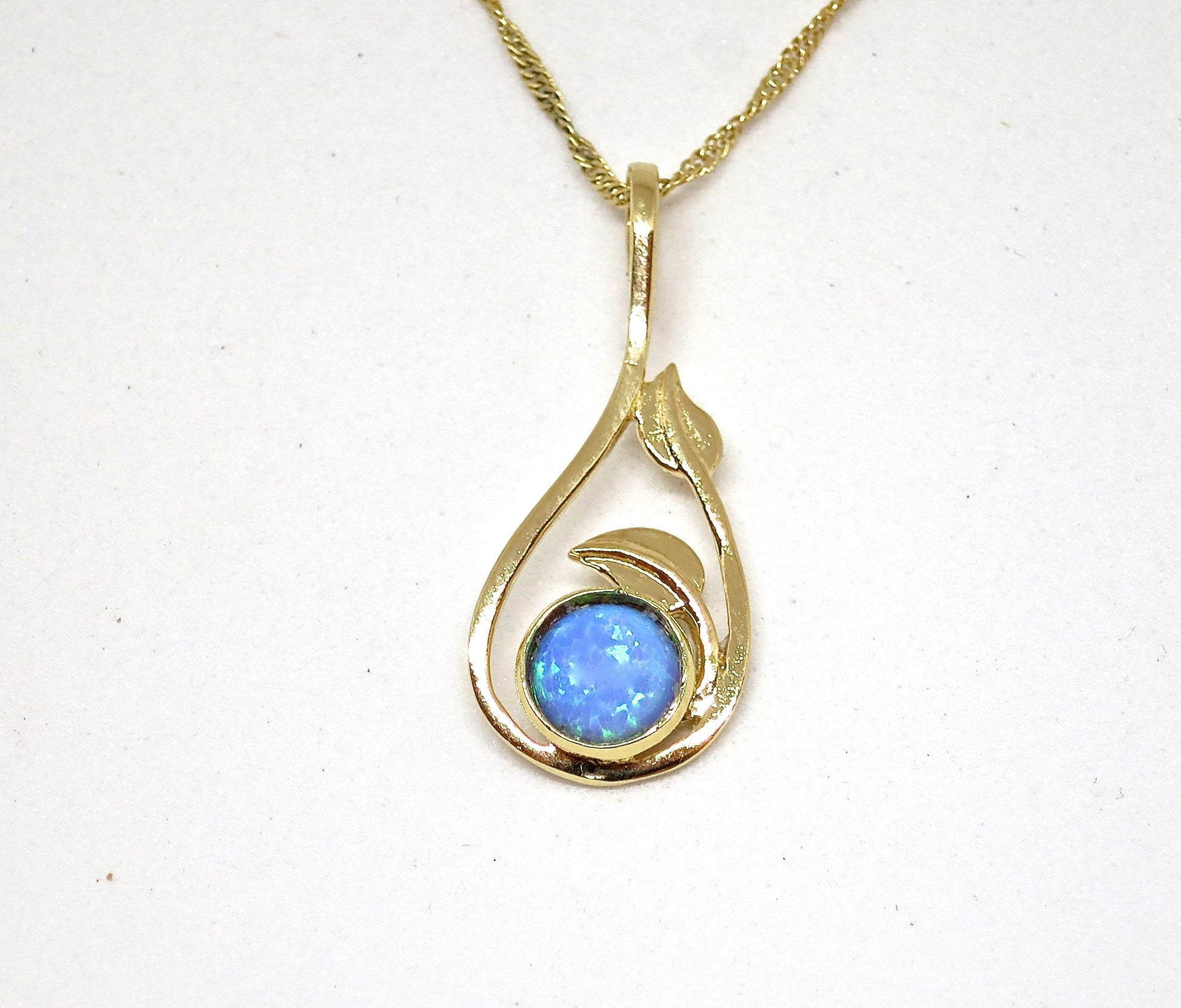 Solid 14k Gold Opal Necklace for women, Unique real gold Blue opal Pendant necklace with Leaves