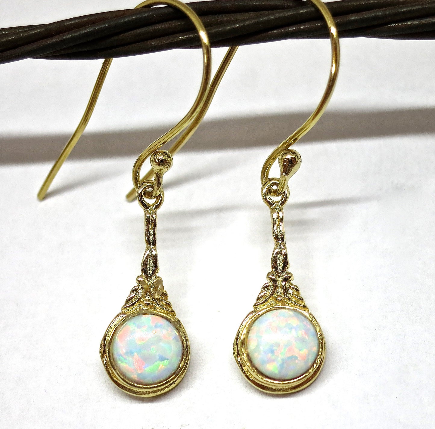 Solid 14k gold Opal earrings, White opal victorian earrings