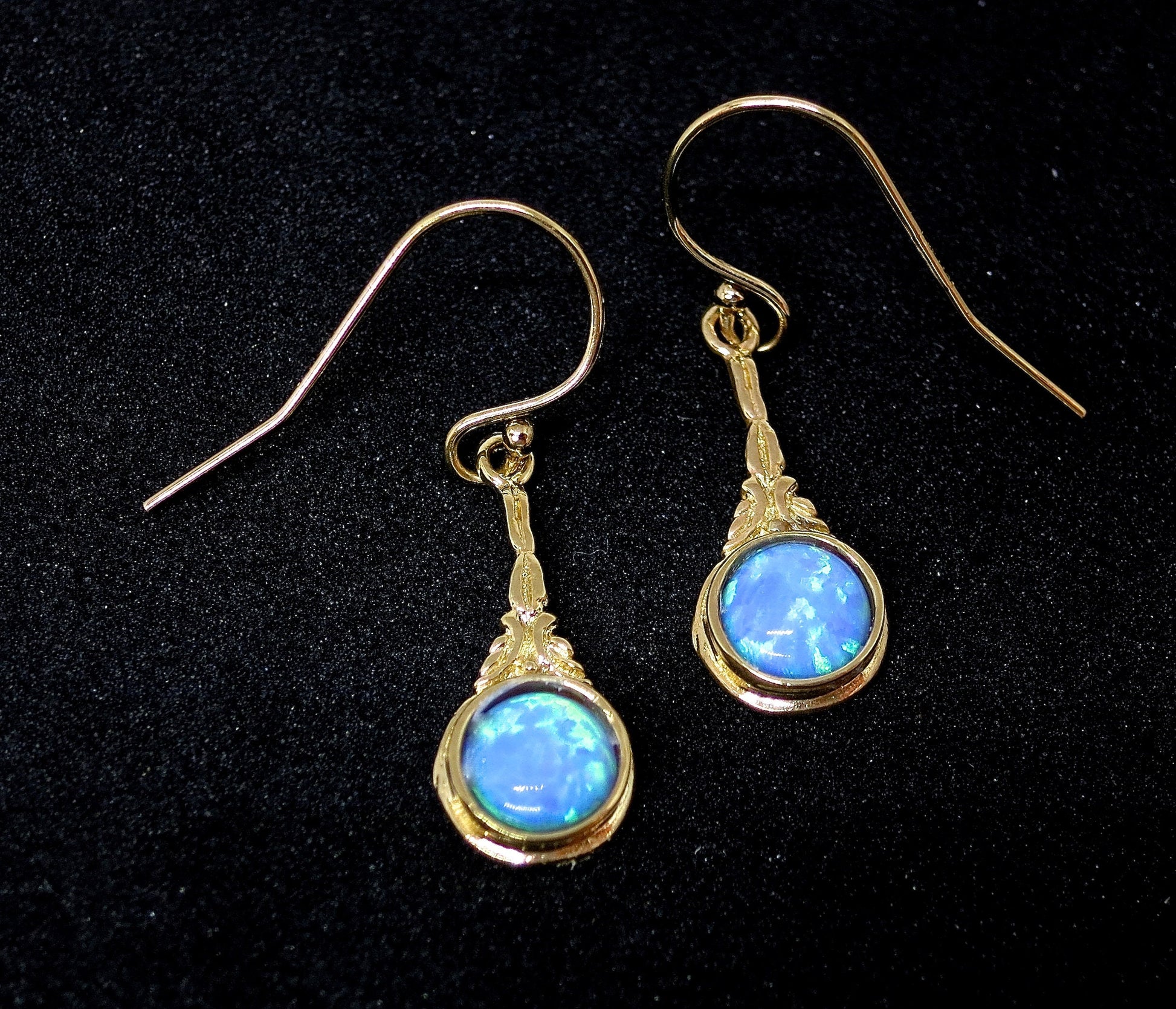 Opal 14k solid gold dangle earrings victorian style, Blue opal earrings