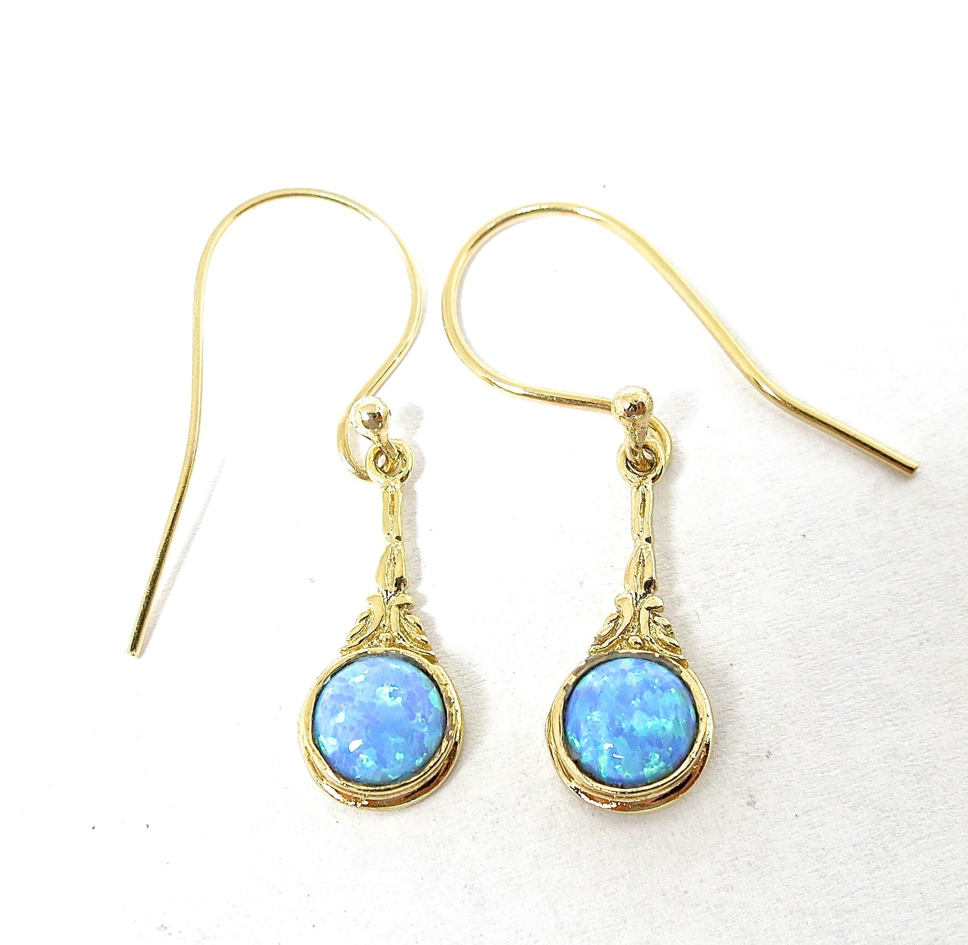 Opal 14k solid gold dangle earrings victorian style, Blue opal earrings