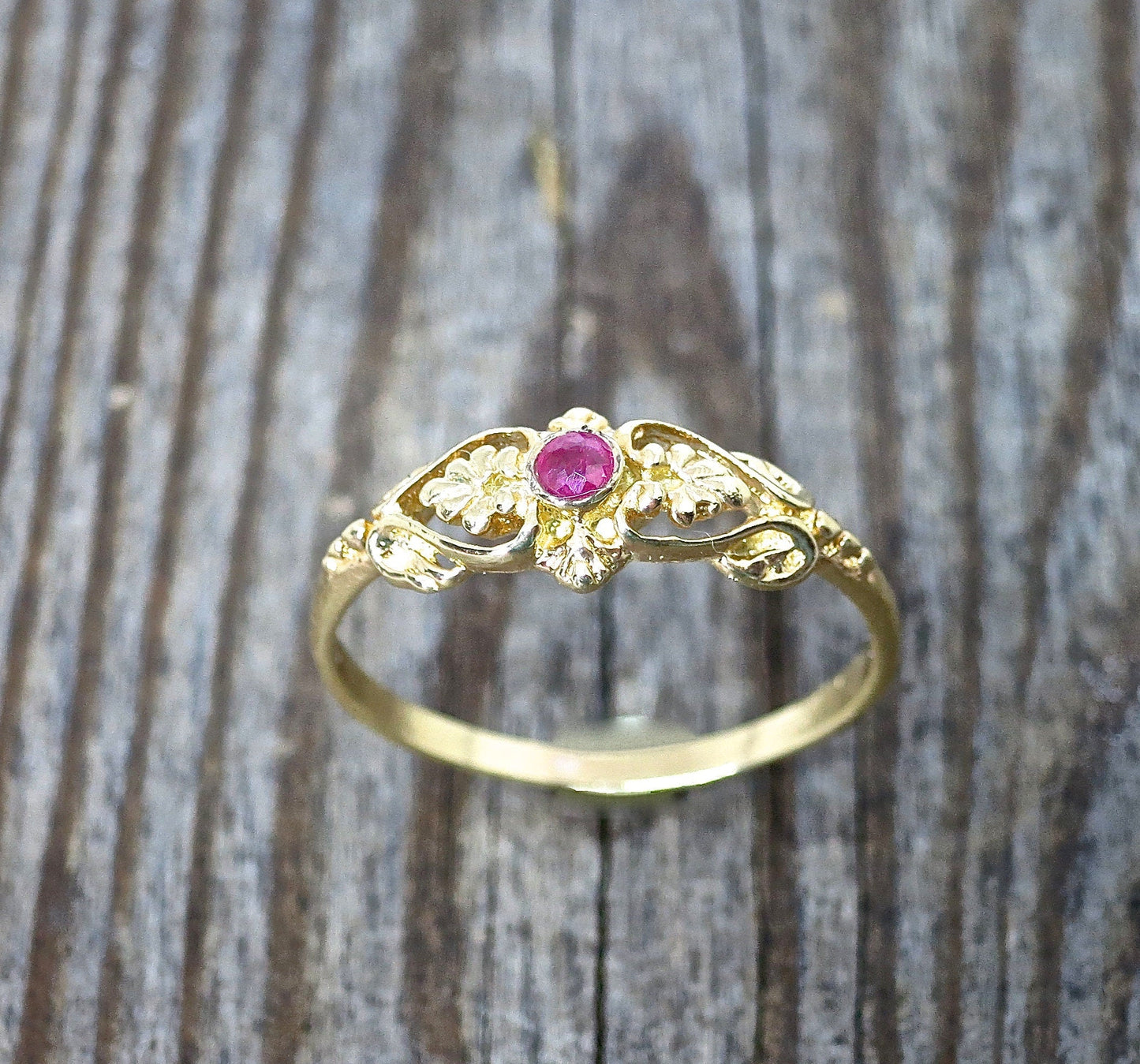 Ruby ring band, Solid 14k gold ring victorian style