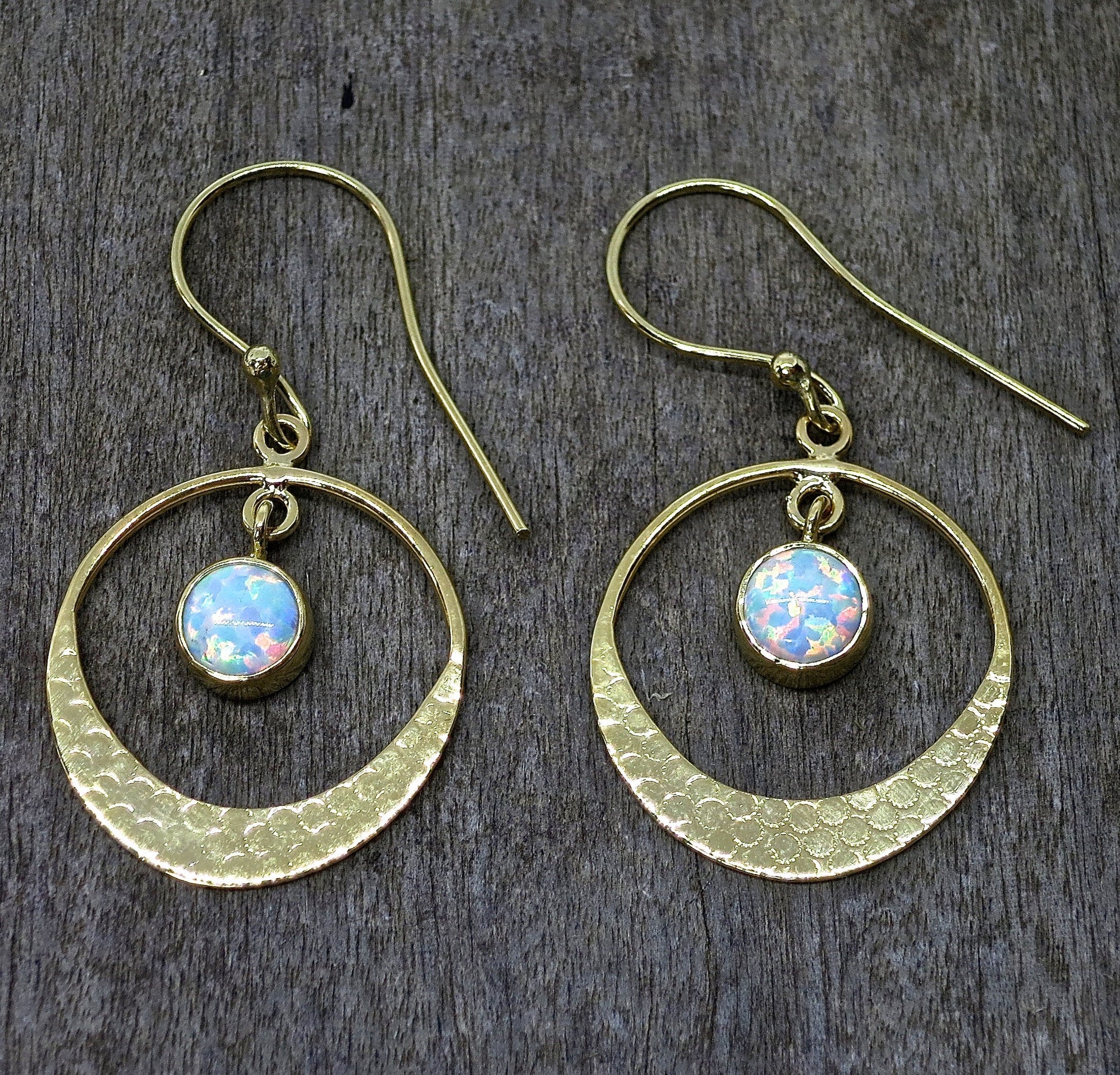 Opal 14k gold dangle hoop earrings, White Opal circle Earrings