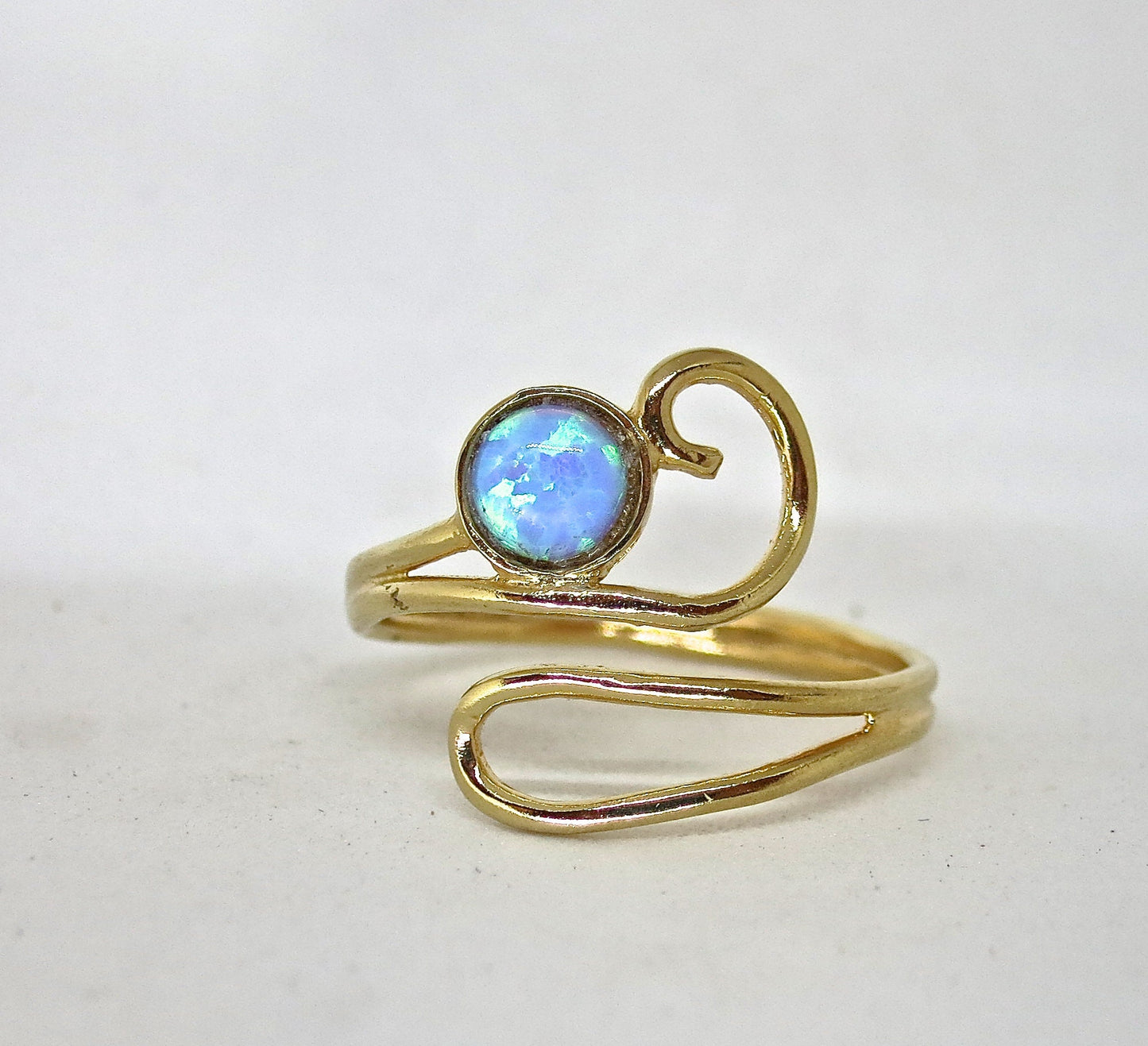 Opal 14k gold ring, Blue stone adjustable solid 14k gold ring